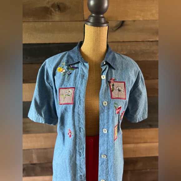 90s Vintage Teddi Blue Cotton Short Sleeves Patchwork Collared Button Up Shirt - Picture 7 of 11